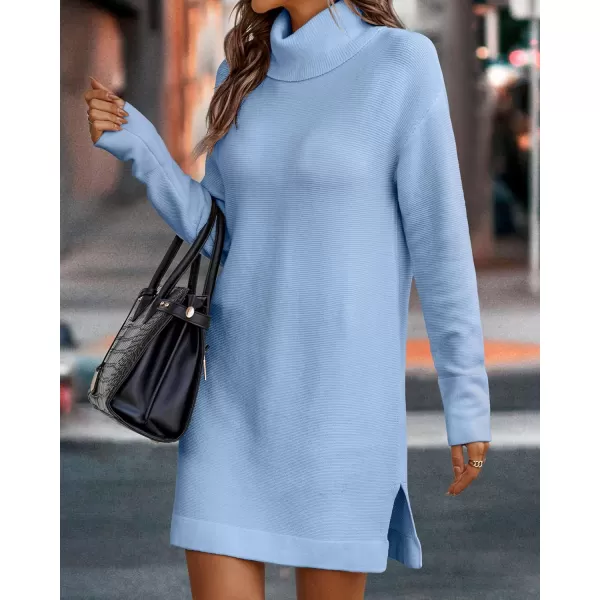 imageBTFBM Womens Turtleneck Long Sleeve Sweater Dress Side Slit Hem Fall Winter Oversized Casual Knit Pullover Sweaters TopsSolid Light Blue
