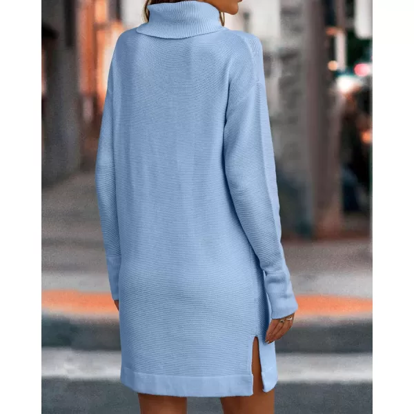 imageBTFBM Womens Turtleneck Long Sleeve Sweater Dress Side Slit Hem Fall Winter Oversized Casual Knit Pullover Sweaters TopsSolid Light Blue