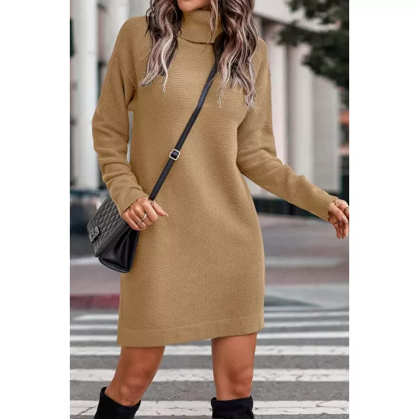 imageBTFBM Womens Turtleneck Long Sleeve Sweater Dress Side Slit Hem Fall Winter Oversized Casual Knit Pullover Sweaters TopsSolid Light Camel