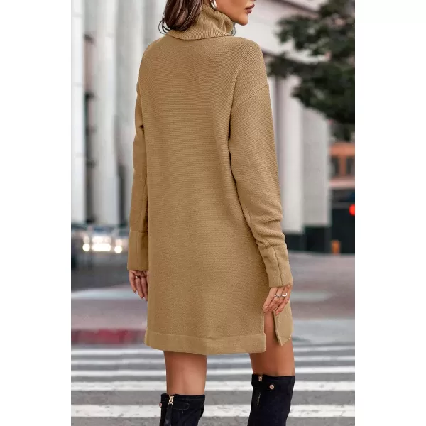 imageBTFBM Womens Turtleneck Long Sleeve Sweater Dress Side Slit Hem Fall Winter Oversized Casual Knit Pullover Sweaters TopsSolid Light Camel
