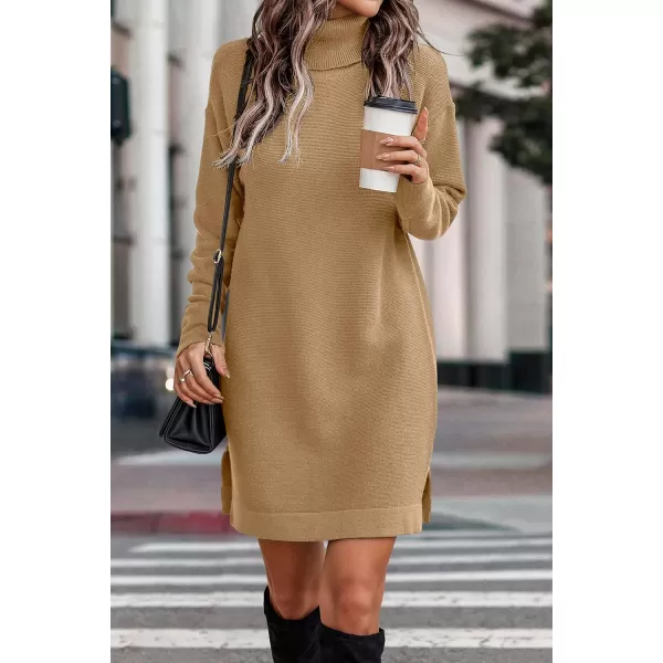 imageBTFBM Womens Turtleneck Long Sleeve Sweater Dress Side Slit Hem Fall Winter Oversized Casual Knit Pullover Sweaters TopsSolid Light Camel