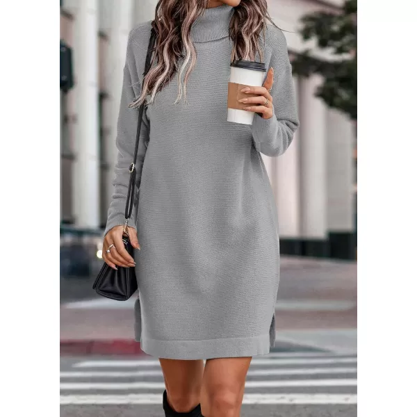 imageBTFBM Womens Turtleneck Long Sleeve Sweater Dress Side Slit Hem Fall Winter Oversized Casual Knit Pullover Sweaters TopsSolid Light Grey