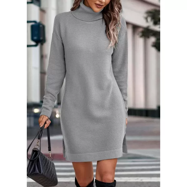 imageBTFBM Womens Turtleneck Long Sleeve Sweater Dress Side Slit Hem Fall Winter Oversized Casual Knit Pullover Sweaters TopsSolid Light Grey