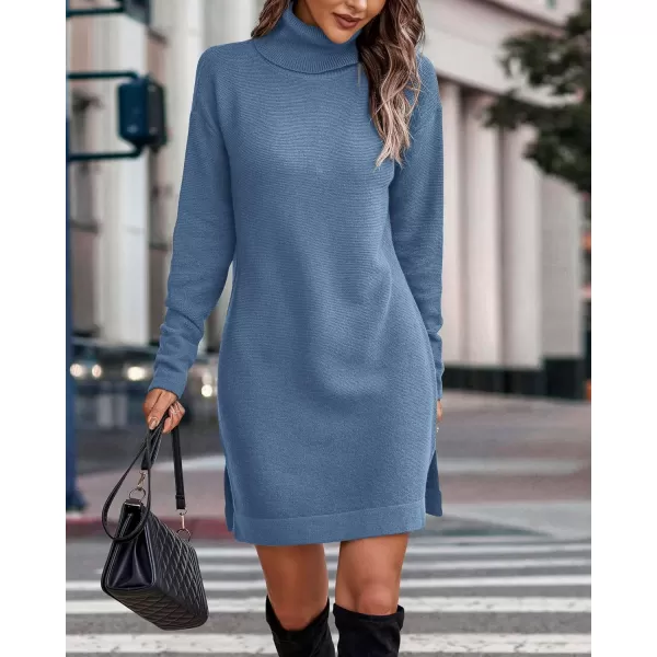imageBTFBM Womens Turtleneck Long Sleeve Sweater Dress Side Slit Hem Fall Winter Oversized Casual Knit Pullover Sweaters TopsSolid Light Grey Blue