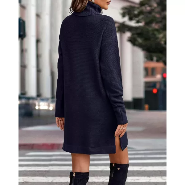imageBTFBM Womens Turtleneck Long Sleeve Sweater Dress Side Slit Hem Fall Winter Oversized Casual Knit Pullover Sweaters TopsSolid Navy