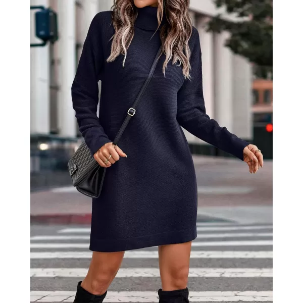 imageBTFBM Womens Turtleneck Long Sleeve Sweater Dress Side Slit Hem Fall Winter Oversized Casual Knit Pullover Sweaters TopsSolid Navy