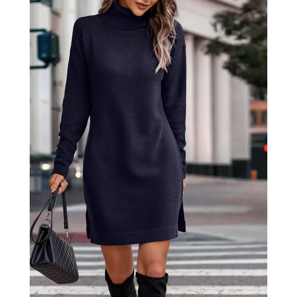 imageBTFBM Womens Turtleneck Long Sleeve Sweater Dress Side Slit Hem Fall Winter Oversized Casual Knit Pullover Sweaters TopsSolid Navy