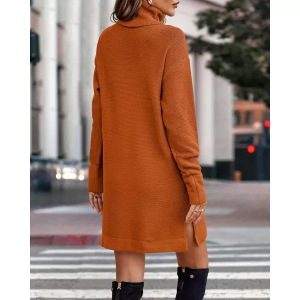 imageBTFBM Womens Turtleneck Long Sleeve Sweater Dress Side Slit Hem Fall Winter Oversized Casual Knit Pullover Sweaters TopsSolid Orange