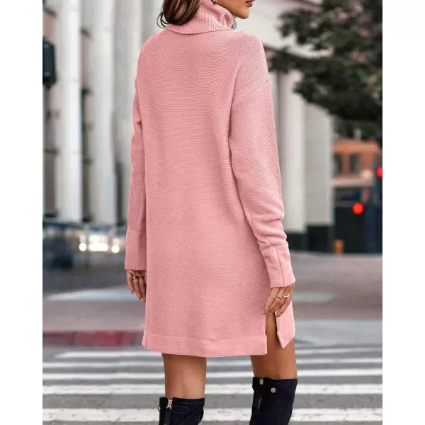 imageBTFBM Womens Turtleneck Long Sleeve Sweater Dress Side Slit Hem Fall Winter Oversized Casual Knit Pullover Sweaters TopsSolid Pink