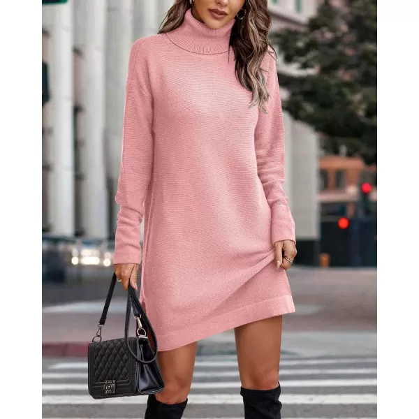 imageBTFBM Womens Turtleneck Long Sleeve Sweater Dress Side Slit Hem Fall Winter Oversized Casual Knit Pullover Sweaters TopsSolid Pink