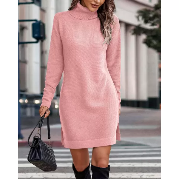 imageBTFBM Womens Turtleneck Long Sleeve Sweater Dress Side Slit Hem Fall Winter Oversized Casual Knit Pullover Sweaters TopsSolid Pink