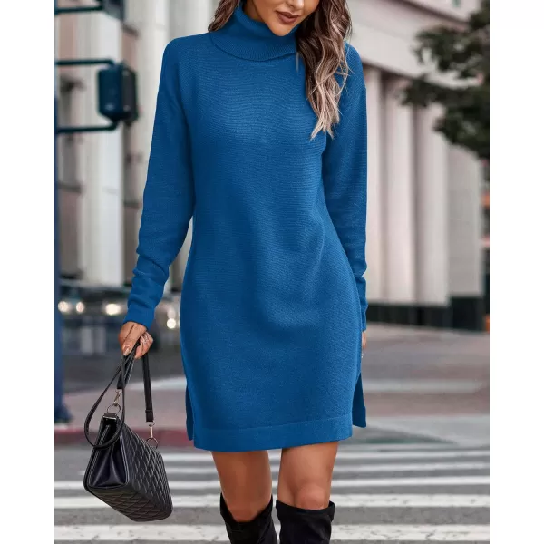 imageBTFBM Womens Turtleneck Long Sleeve Sweater Dress Side Slit Hem Fall Winter Oversized Casual Knit Pullover Sweaters TopsSolid Royal Blue