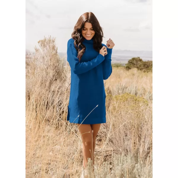 imageBTFBM Womens Turtleneck Long Sleeve Sweater Dress Side Slit Hem Fall Winter Oversized Casual Knit Pullover Sweaters TopsSolid Royal Blue