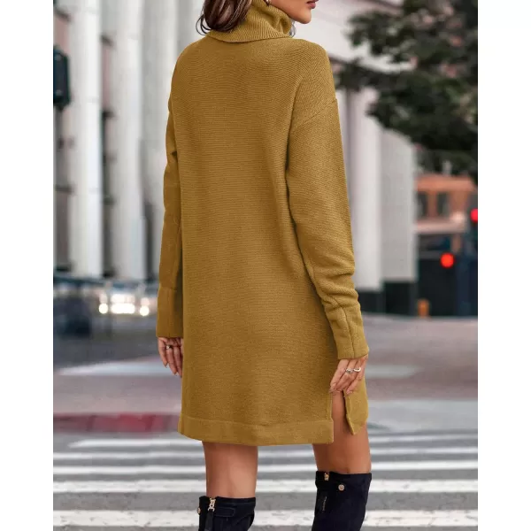 imageBTFBM Womens Turtleneck Long Sleeve Sweater Dress Side Slit Hem Fall Winter Oversized Casual Knit Pullover Sweaters TopsSolid Turmeric