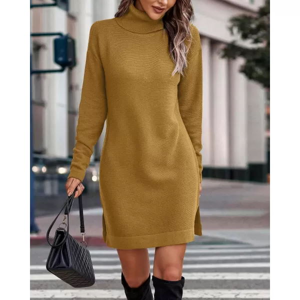 imageBTFBM Womens Turtleneck Long Sleeve Sweater Dress Side Slit Hem Fall Winter Oversized Casual Knit Pullover Sweaters TopsSolid Turmeric