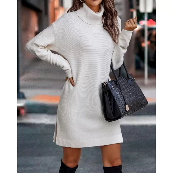 imageBTFBM Womens Turtleneck Long Sleeve Sweater Dress Side Slit Hem Fall Winter Oversized Casual Knit Pullover Sweaters TopsSolid White