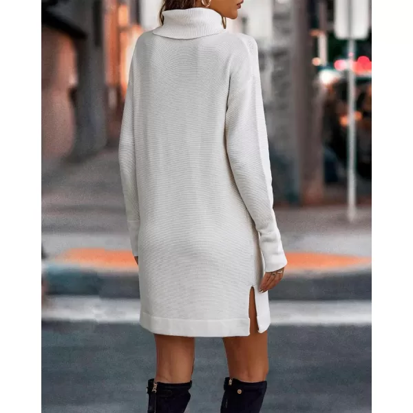 imageBTFBM Womens Turtleneck Long Sleeve Sweater Dress Side Slit Hem Fall Winter Oversized Casual Knit Pullover Sweaters TopsSolid White