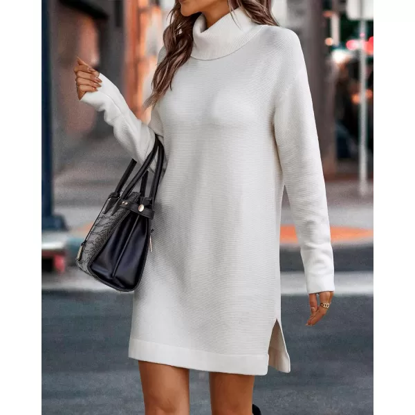 imageBTFBM Womens Turtleneck Long Sleeve Sweater Dress Side Slit Hem Fall Winter Oversized Casual Knit Pullover Sweaters TopsSolid White
