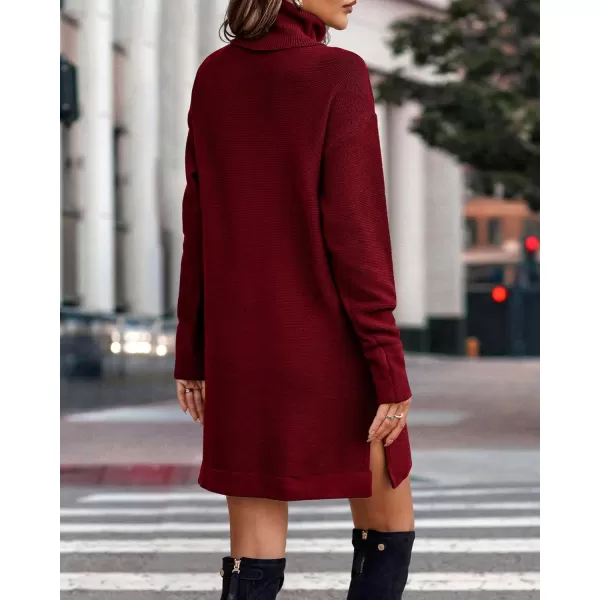 imageBTFBM Womens Turtleneck Long Sleeve Sweater Dress Side Slit Hem Fall Winter Oversized Casual Knit Pullover Sweaters TopsSolid Wine Red