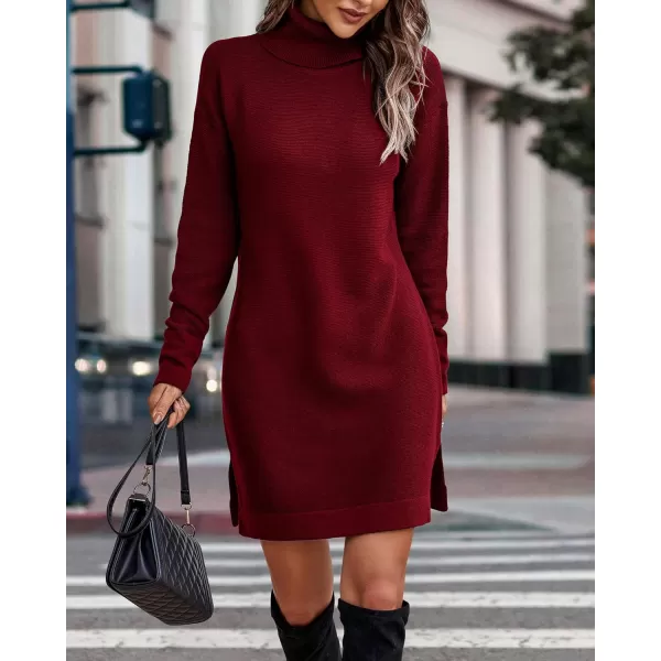 imageBTFBM Womens Turtleneck Long Sleeve Sweater Dress Side Slit Hem Fall Winter Oversized Casual Knit Pullover Sweaters TopsSolid Wine Red