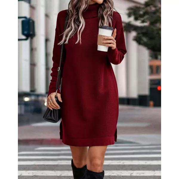 imageBTFBM Womens Turtleneck Long Sleeve Sweater Dress Side Slit Hem Fall Winter Oversized Casual Knit Pullover Sweaters TopsSolid Wine Red