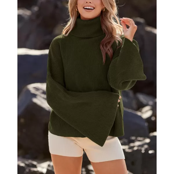 imageBTFBM Womens Turtleneck Pullover Sweaters 2023 Fall Winter Bell Long Sleeve Slouchy Oversized Ribbed Knit Jumper TopsSolid Army Green