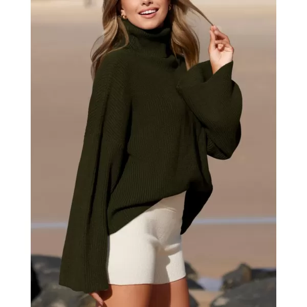 imageBTFBM Womens Turtleneck Pullover Sweaters 2023 Fall Winter Bell Long Sleeve Slouchy Oversized Ribbed Knit Jumper TopsSolid Army Green