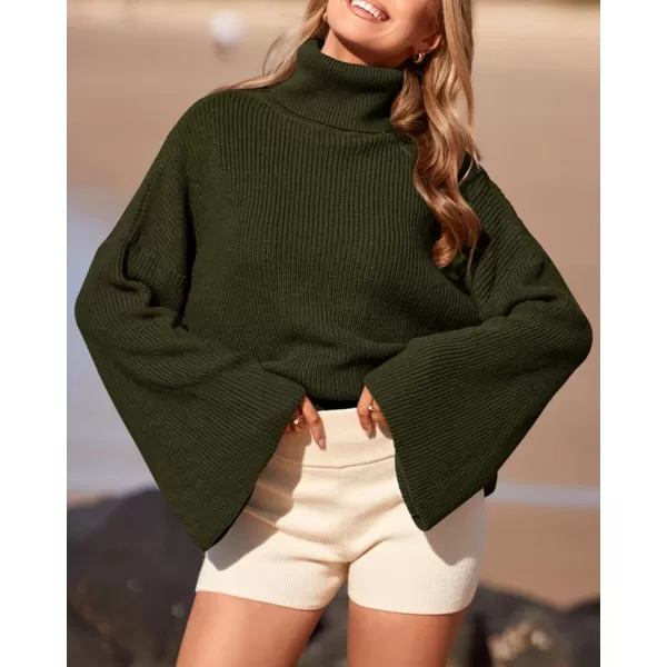 imageBTFBM Womens Turtleneck Pullover Sweaters 2023 Fall Winter Bell Long Sleeve Slouchy Oversized Ribbed Knit Jumper TopsSolid Army Green