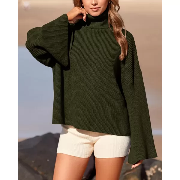 imageBTFBM Womens Turtleneck Pullover Sweaters 2023 Fall Winter Bell Long Sleeve Slouchy Oversized Ribbed Knit Jumper TopsSolid Army Green