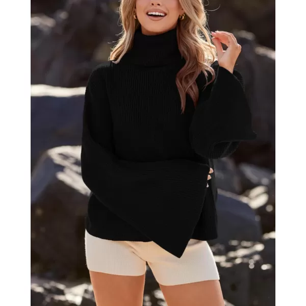 imageBTFBM Womens Turtleneck Pullover Sweaters 2023 Fall Winter Bell Long Sleeve Slouchy Oversized Ribbed Knit Jumper TopsSolid Black