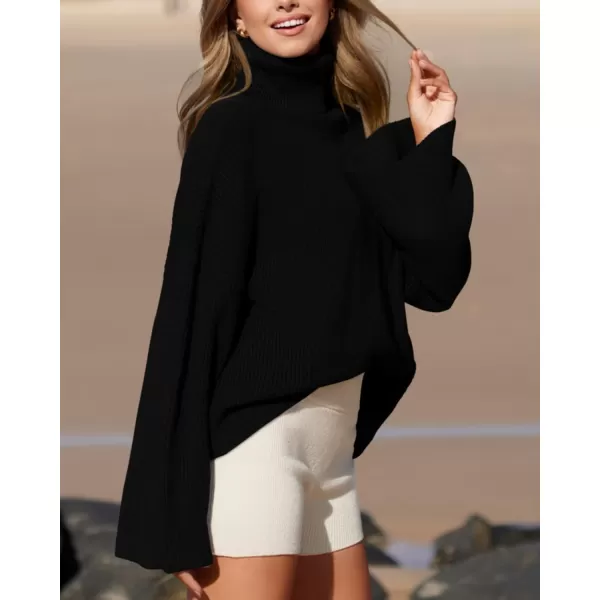 imageBTFBM Womens Turtleneck Pullover Sweaters 2023 Fall Winter Bell Long Sleeve Slouchy Oversized Ribbed Knit Jumper TopsSolid Black