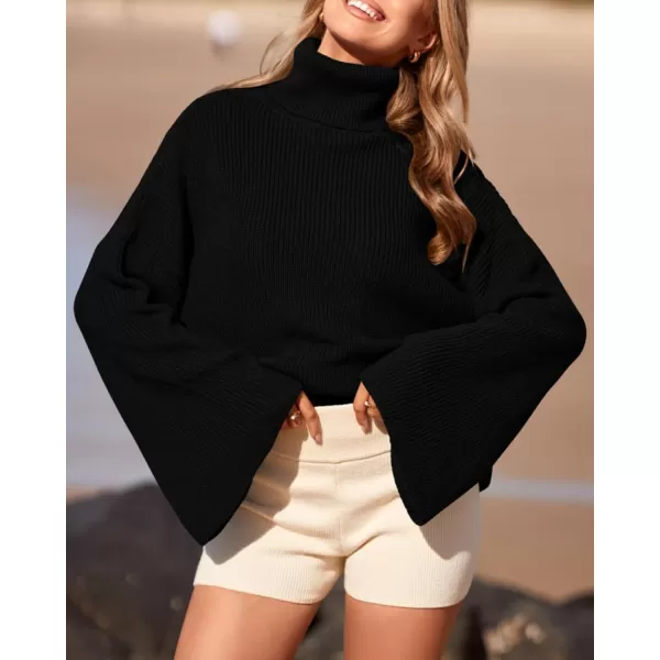 imageBTFBM Womens Turtleneck Pullover Sweaters 2023 Fall Winter Bell Long Sleeve Slouchy Oversized Ribbed Knit Jumper TopsSolid Black