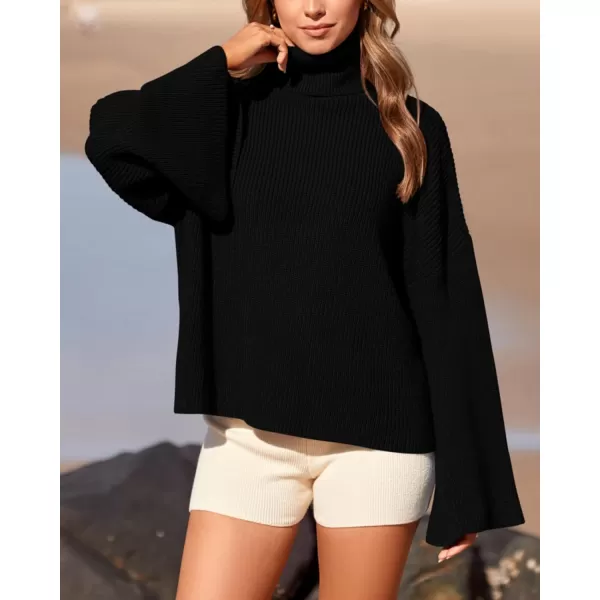 imageBTFBM Womens Turtleneck Pullover Sweaters 2023 Fall Winter Bell Long Sleeve Slouchy Oversized Ribbed Knit Jumper TopsSolid Black