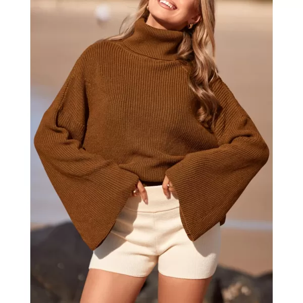 imageBTFBM Womens Turtleneck Pullover Sweaters 2023 Fall Winter Bell Long Sleeve Slouchy Oversized Ribbed Knit Jumper TopsSolid Brown