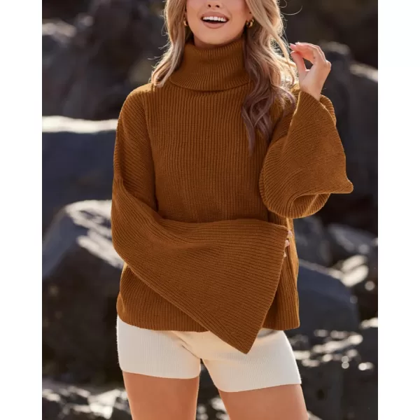 imageBTFBM Womens Turtleneck Pullover Sweaters 2023 Fall Winter Bell Long Sleeve Slouchy Oversized Ribbed Knit Jumper TopsSolid Brown