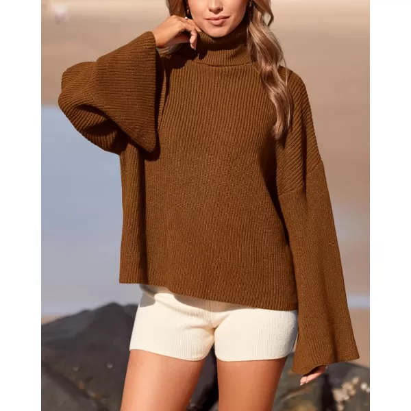 imageBTFBM Womens Turtleneck Pullover Sweaters 2023 Fall Winter Bell Long Sleeve Slouchy Oversized Ribbed Knit Jumper TopsSolid Brown