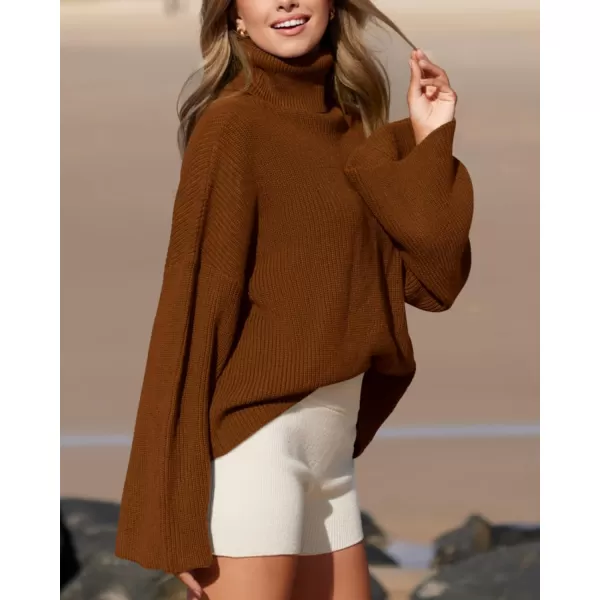 imageBTFBM Womens Turtleneck Pullover Sweaters 2023 Fall Winter Bell Long Sleeve Slouchy Oversized Ribbed Knit Jumper TopsSolid Brown
