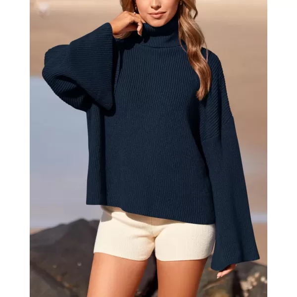 imageBTFBM Womens Turtleneck Pullover Sweaters 2023 Fall Winter Bell Long Sleeve Slouchy Oversized Ribbed Knit Jumper TopsSolid Dark Blue