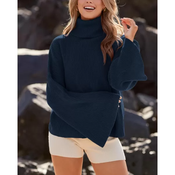 imageBTFBM Womens Turtleneck Pullover Sweaters 2023 Fall Winter Bell Long Sleeve Slouchy Oversized Ribbed Knit Jumper TopsSolid Dark Blue