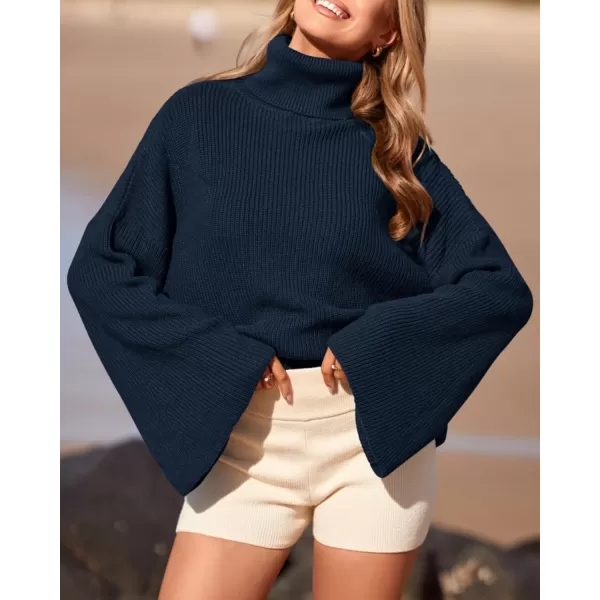 imageBTFBM Womens Turtleneck Pullover Sweaters 2023 Fall Winter Bell Long Sleeve Slouchy Oversized Ribbed Knit Jumper TopsSolid Dark Blue