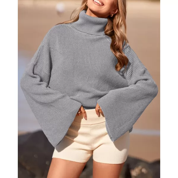 imageBTFBM Womens Turtleneck Pullover Sweaters 2023 Fall Winter Bell Long Sleeve Slouchy Oversized Ribbed Knit Jumper TopsSolid Grey