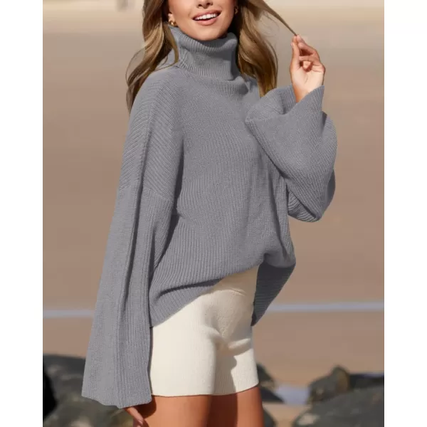 imageBTFBM Womens Turtleneck Pullover Sweaters 2023 Fall Winter Bell Long Sleeve Slouchy Oversized Ribbed Knit Jumper TopsSolid Grey