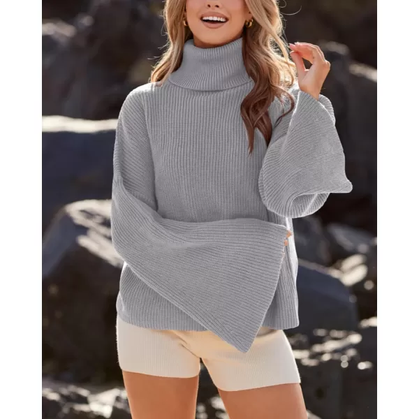 imageBTFBM Womens Turtleneck Pullover Sweaters 2023 Fall Winter Bell Long Sleeve Slouchy Oversized Ribbed Knit Jumper TopsSolid Grey