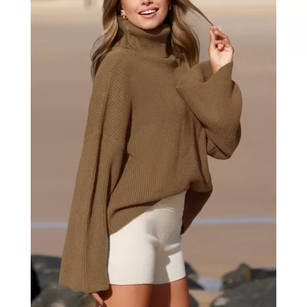 imageBTFBM Womens Turtleneck Pullover Sweaters 2023 Fall Winter Bell Long Sleeve Slouchy Oversized Ribbed Knit Jumper TopsSolid Khaki