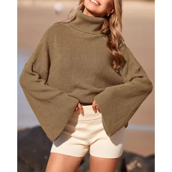 imageBTFBM Womens Turtleneck Pullover Sweaters 2023 Fall Winter Bell Long Sleeve Slouchy Oversized Ribbed Knit Jumper TopsSolid Khaki