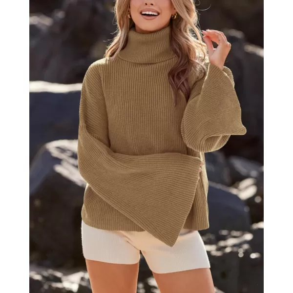 imageBTFBM Womens Turtleneck Pullover Sweaters 2023 Fall Winter Bell Long Sleeve Slouchy Oversized Ribbed Knit Jumper TopsSolid Khaki