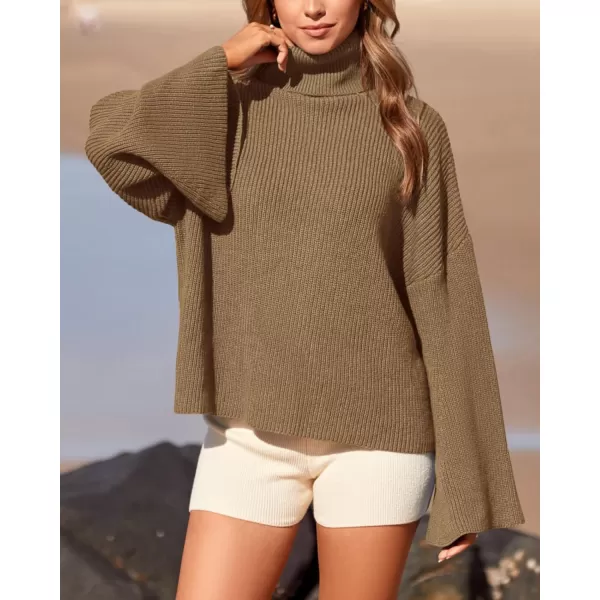 imageBTFBM Womens Turtleneck Pullover Sweaters 2023 Fall Winter Bell Long Sleeve Slouchy Oversized Ribbed Knit Jumper TopsSolid Khaki