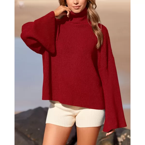 imageBTFBM Womens Turtleneck Pullover Sweaters 2023 Fall Winter Bell Long Sleeve Slouchy Oversized Ribbed Knit Jumper TopsSolid Red