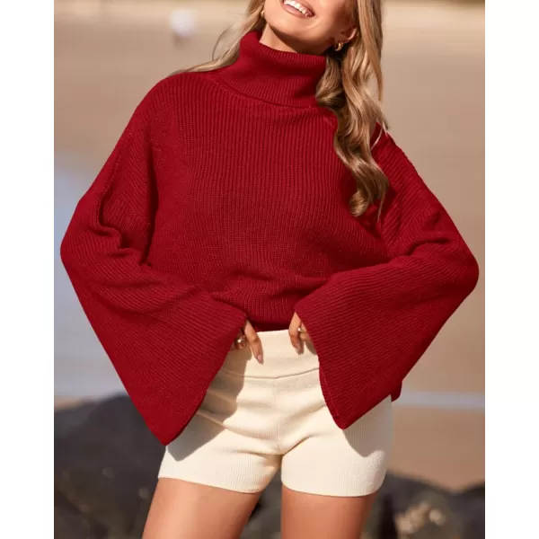imageBTFBM Womens Turtleneck Pullover Sweaters 2023 Fall Winter Bell Long Sleeve Slouchy Oversized Ribbed Knit Jumper TopsSolid Red