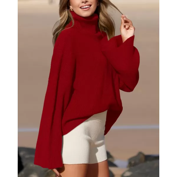 imageBTFBM Womens Turtleneck Pullover Sweaters 2023 Fall Winter Bell Long Sleeve Slouchy Oversized Ribbed Knit Jumper TopsSolid Red